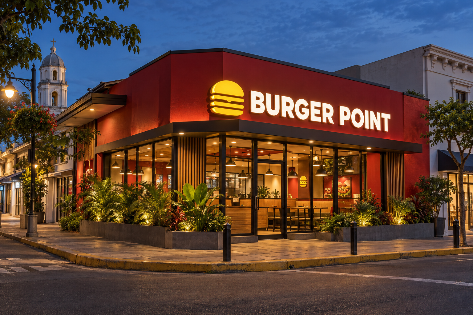 Sucursal Burger Point Heredia Centro en una esquina comercial
