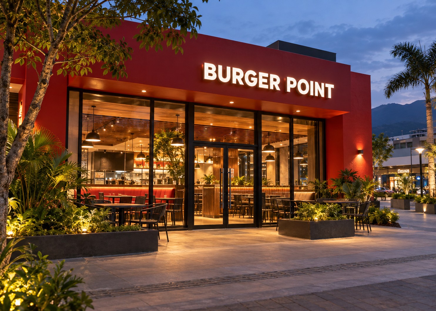 Fachada roja e iluminada de Burger Point San Pedro