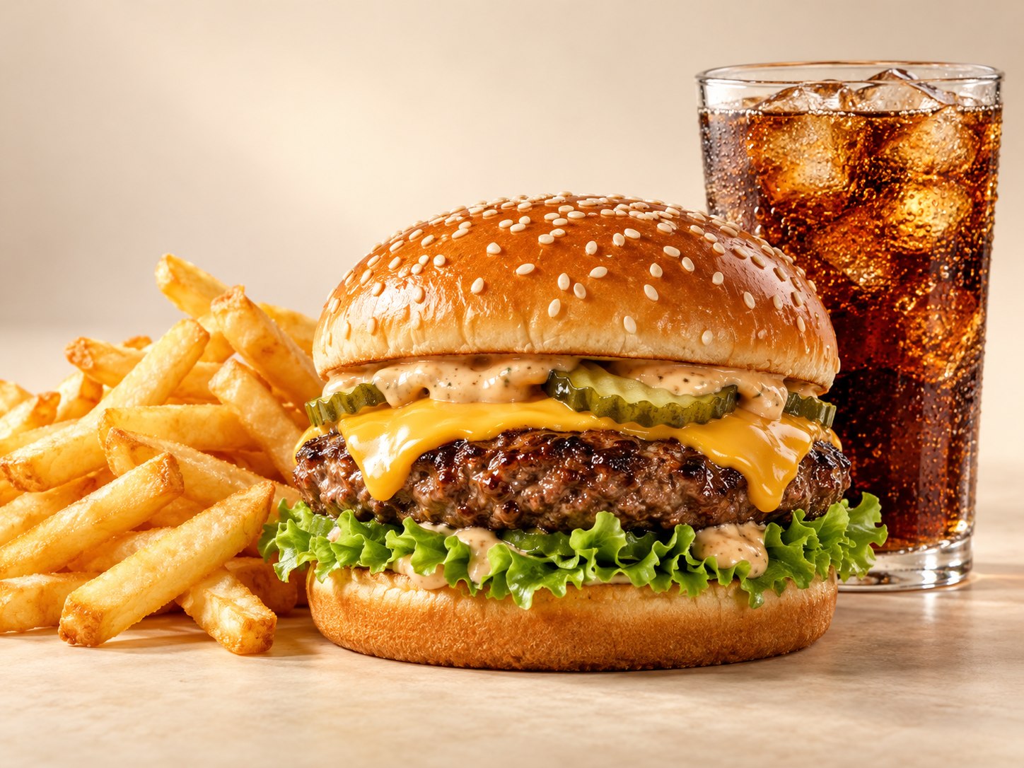 Hamburguesa clásica con queso, papas fritas y bebida