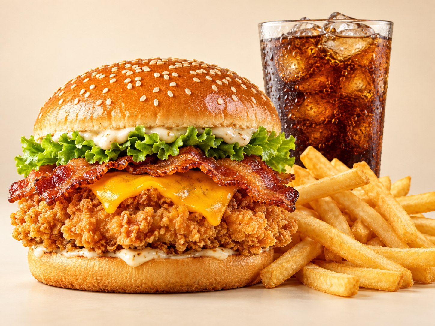 Hamburguesa de pollo crispy con tocino, papas fritas y bebida