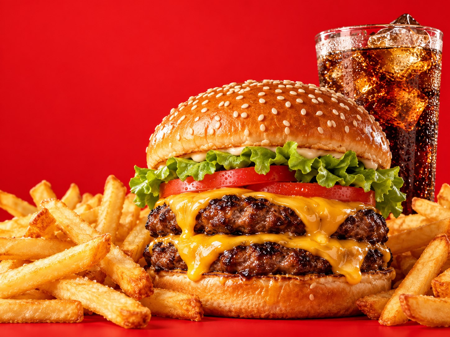 Hamburguesa doble con queso, papas fritas y bebida