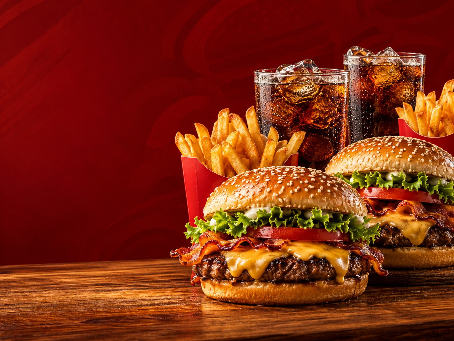 Dos hamburguesas con queso, papas fritas y bebidas