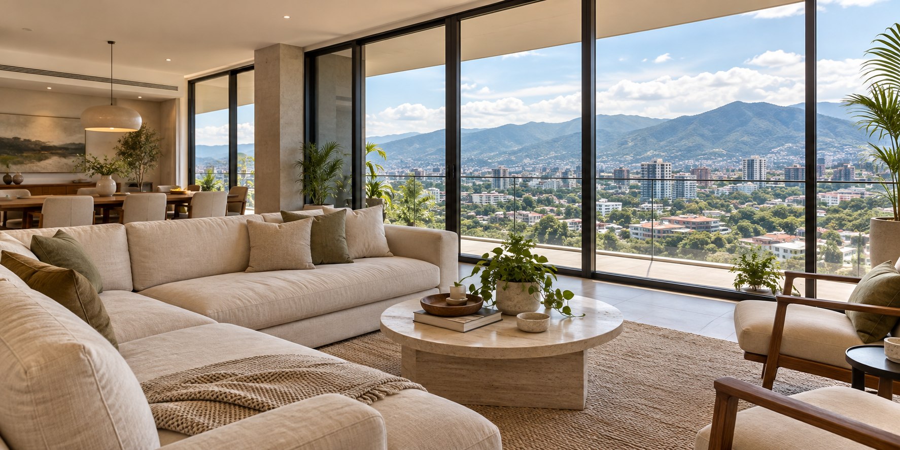 Sala luminosa de apartamento con ventanales y vista a San José