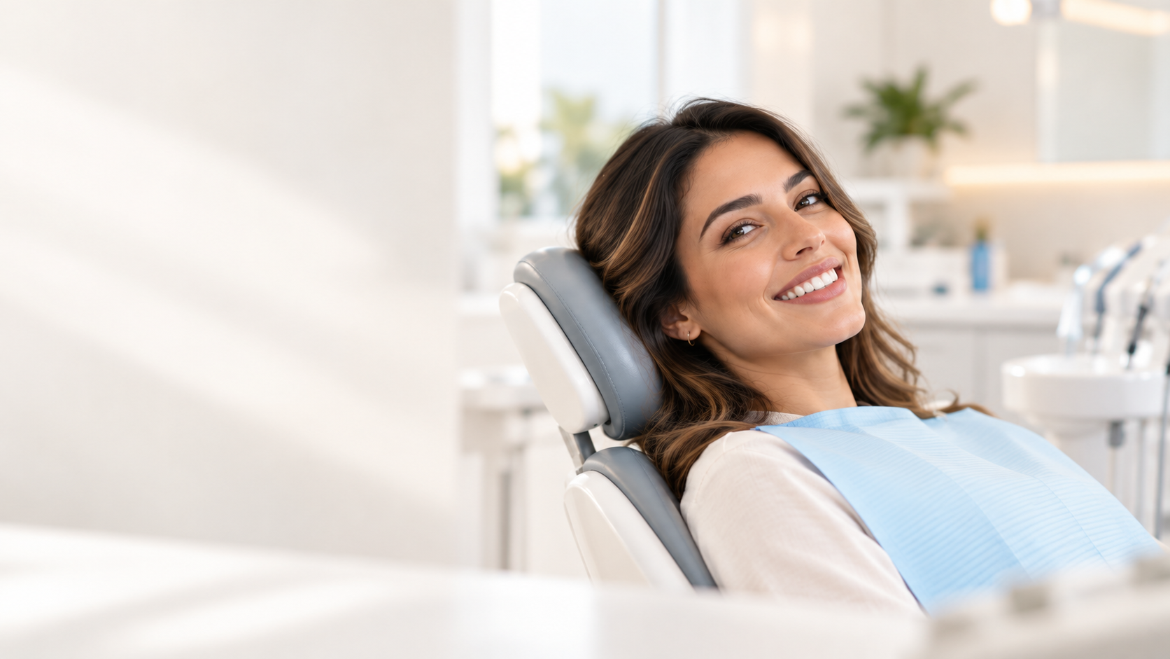 Paciente sonriente en un consultorio dental luminoso